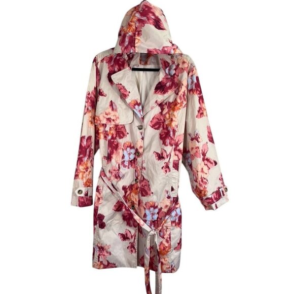 Chicos Jacket Women 2XL Pink Trench Raincoat Knee Length Tie Dye Neutral Artsy - Picture 2 of 15